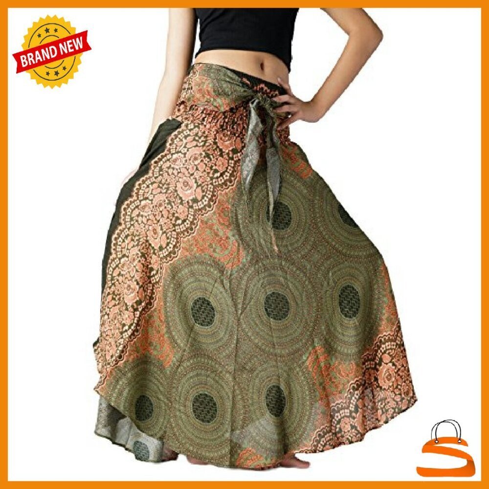 Maxi Skirt Boho Floral Print Rayon Elastic Waist Asymmetrical Hem - Picture 4 of 7